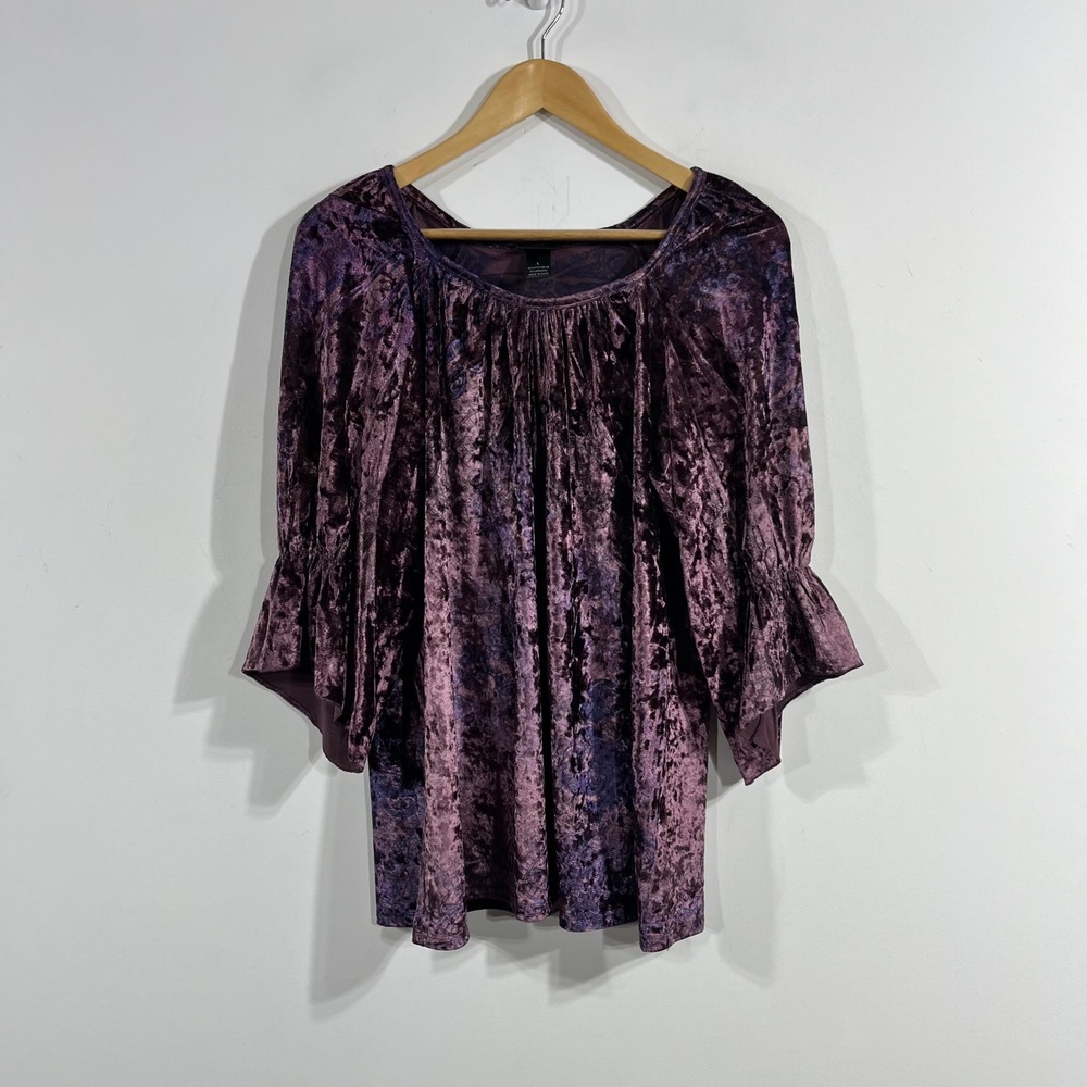 StyleCo Whimsigoth Fairy Grunge Crushed Velvet Paisley Bell Sleeve Top Large